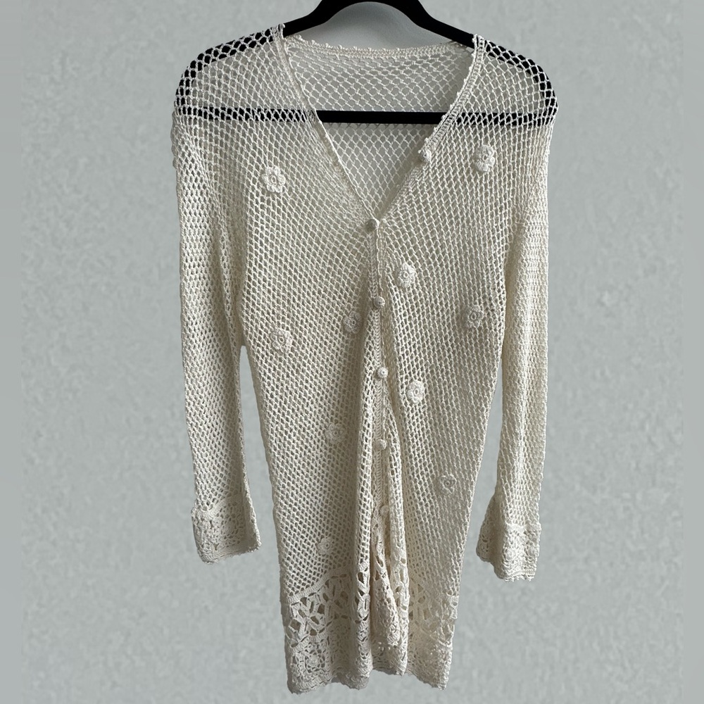 Vintage Women's Ivory Crochet/Open-Knit Long Sweater Cardigan, Size S